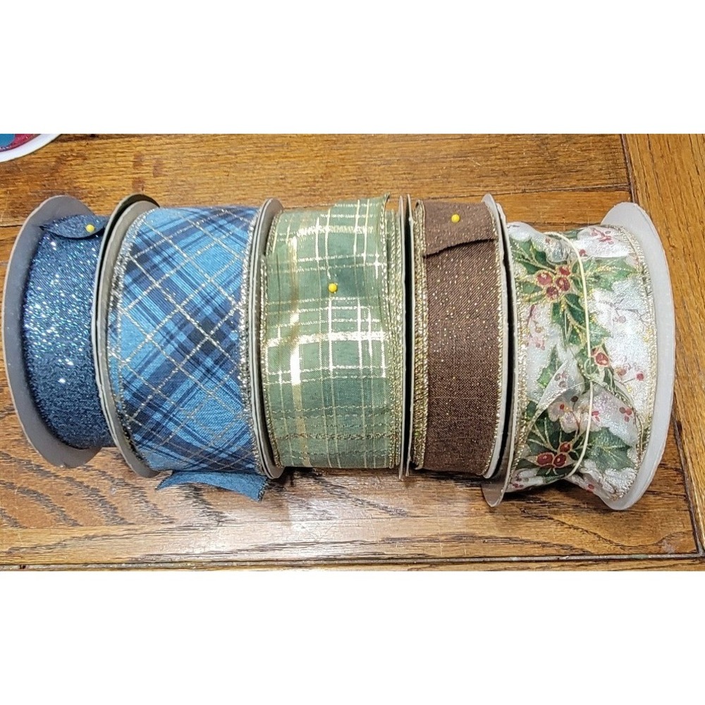 Premium Wired Edge Ribbon Lot 5 Spools Holiday Plaid Sparkle Bow and Wreath DIY